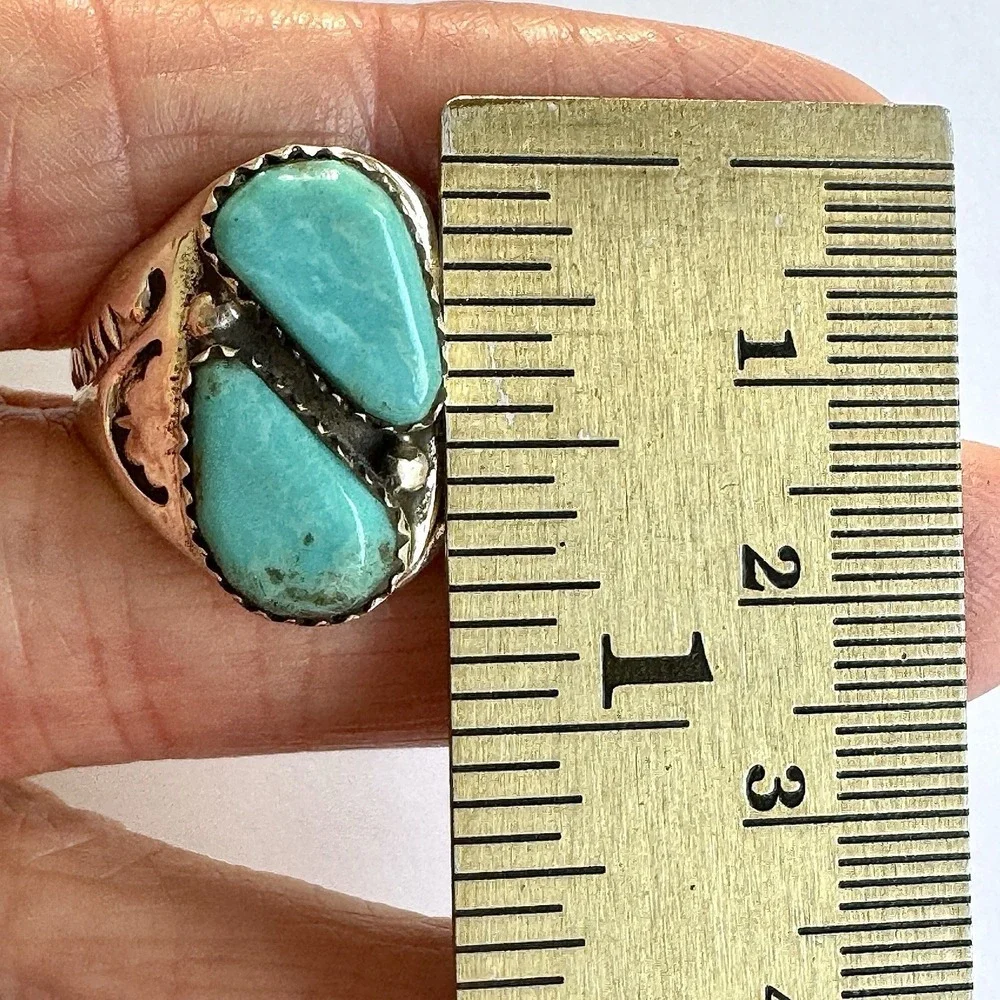 Mens Turquoise Navajo Band Sz 10.5 Two Stone Ring 21mm Signed ML Handmade Native